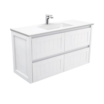 Fienza Hampton Satin White 1200 Wall Hung Cabinet, 4 Internal Drawers , With Moulded Basin-Top - Vanessa Poly-Marble