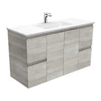 Fienza Edge Industrial 1200 Wall Hung Cabinet, Solid Doors, Bevelled Edge , With Moulded Basin-Top - Vanessa Poly-Marble