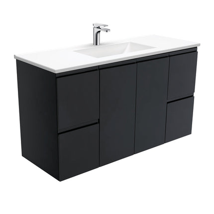 Fienza Fingerpull Satin Black 1200 Wall Hung Cabinet, Solid Doors , With Moulded Basin-Top - Vanessa Poly-Marble
