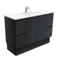 Fienza Fingerpull Satin Black 1200 Cabinet on Kickboard, Solid Doors , With Moulded Basin-Top - Vanessa Poly-Marble