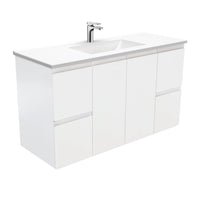Fienza Figerpull Satin White 1200 Wall Hung Cabinet, Solid Doors , With Moulded Basin-Top - Vanessa Poly-Marble