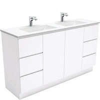 Fienza Fingerpull Gloss White 1500 Cabinet on Kickboard, Solid Doors , With Moulded Basin-Top - Vanessa Poly-Marble Double Bowl