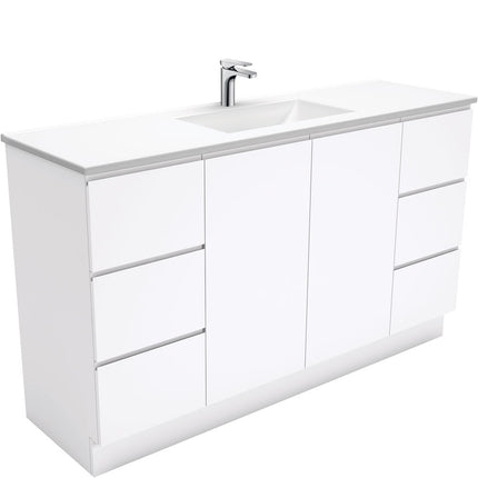 Fienza Fingerpull Gloss White 1500 Cabinet on Kickboard, Solid Doors , With Moulded Basin-Top - Vanessa Poly-Marble Single Bowl