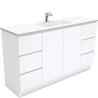 Fienza Fingerpull Gloss White 1500 Cabinet on Kickboard, Solid Doors , With Moulded Basin-Top - Vanessa Poly-Marble Single Bowl