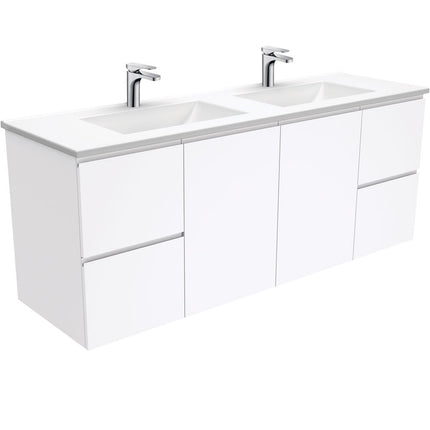 Fienza Fingerpull Gloss White 1500 Wall Hung Cabinet, Solid Doors , With Moulded Basin-Top - Vanessa Poly-Marble Double Bowl