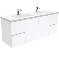 Fienza Fingerpull Gloss White 1500 Wall Hung Cabinet, Solid Doors , With Moulded Basin-Top - Vanessa Poly-Marble Double Bowl