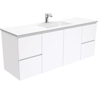 Fienza Fingerpull Gloss White 1500 Wall Hung Cabinet, Solid Doors , With Moulded Basin-Top - Vanessa Poly-Marble Single Bowl