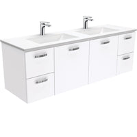 Fienza UniCab Gloss White 1500 Wall Hung Cabinet, Solid Doors , With Moulded Basin-Top - Vanessa Poly-Marble Double Bowl