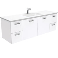 Fienza UniCab Gloss White 1500 Wall Hung Cabinet, Solid Doors , With Moulded Basin-Top - Vanessa Poly-Marble Single Bowl