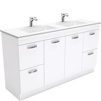 Fienza UniCab Gloss White 1500 Cabinet on Kickboard, Solid Doors , With Moulded Basin-Top - Vanessa Poly-Marble Double Bowl