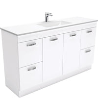 Fienza UniCab Gloss White 1500 Cabinet on Kickboard, Solid Doors , With Moulded Basin-Top - Vanessa Poly-Marble Single Bowl