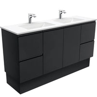 Fienza Fingerpull Satin Black 1500 Cabinet on Kickboard, Solid Doors , With Moulded Basin-Top - Vanessa Poly-Marble Double Bowl