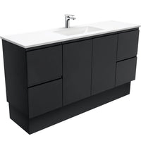 Fienza Fingerpull Satin Black 1500 Cabinet on Kickboard, Solid Doors , With Moulded Basin-Top - Vanessa Poly-Marble Single Bowl