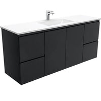 Fienza Fingerpull Satin Black 1500 Wall Hung Cabinet, Solid Doors , With Moulded Basin-Top - Vanessa Poly-Marble Single Bowl