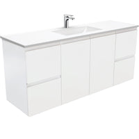 Fienza Fingerpull Satin White 1500 Wall Hung Cabinet, Solid Doors , With Moulded Basin-Top - Vanessa Poly-Marble Single Bowl