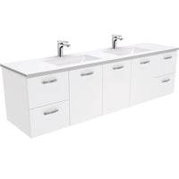 Fienza UniCab Gloss White 1800 Wall Hung Cabinet, Solid Doors , With Moulded Basin-Top - Vanessa Poly-Marble Double Bowl