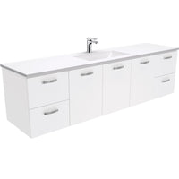 Fienza UniCab Gloss White 1800 Wall Hung Cabinet, Solid Doors , With Moulded Basin-Top - Vanessa Poly-Marble Single Bowl