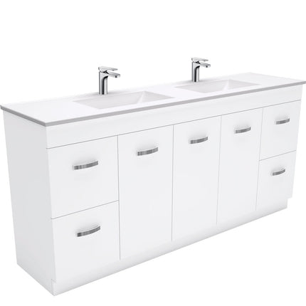Fienza UniCab Gloss White 1800 Cabinet on Kickboard, Solid Doors , With Moulded Basin-Top - Vanessa Poly-Marble Double Bowl