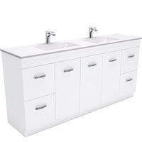 Fienza UniCab Gloss White 1800 Cabinet on Kickboard, Solid Doors , With Moulded Basin-Top - Vanessa Poly-Marble Double Bowl