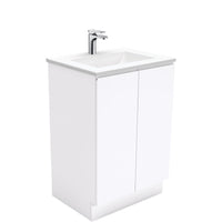 Fienza Fingerpull Gloss White 600 Cabinet on Kickboard, Solid Doors , With Moulded Basin-Top - Vanessa Poly-Marble