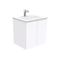 Fienza Fingerpull Gloss White 600 Wall Hung Cabinet, Solid Doors , With Moulded Basin-Top - Vanessa Poly-Marble