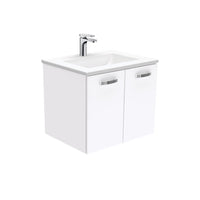 Fienza UniCab Gloss White 600 Wall Hung Cabinet, Solid Doors , With Moulded Basin-Top - Vanessa Poly-Marble