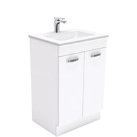 Fienza UniCab 600 Gloss White Cabinet on Kickboard, Solid Doors , With Moulded Basin-Top - Vanessa Poly-Marble