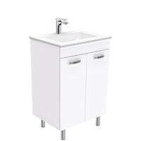 Fienza UniCab 600 Gloss White Cabinet on Legs, Solid Doors , With Moulded Basin-Top - Vanessa Poly-Marble