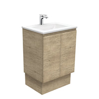 Fienza Edge Scandi Oak 600 Cabinet on Kickboard, Solid Doors, Bevelled Edge , With Moulded Basin-Top - Vanessa Poly-Marble
