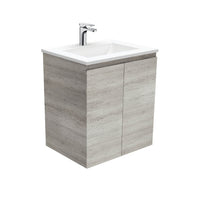 Fienza Edge Industrial 600 Wall Hung Cabinet, Solid Doors, Bevelled Edge , With Moulded Basin-Top - Vanessa Poly-Marble
