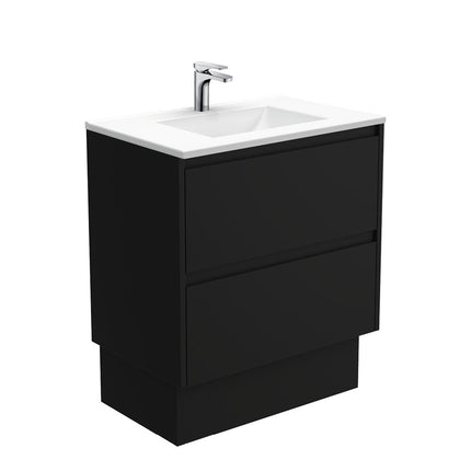 Fienza Amato Satin Black 750 Cabinet on Kickboard, Solid Panels, Bevelled Edge , With Moulded Basin-Top - Vanessa Poly-Marble Satin Black Panels