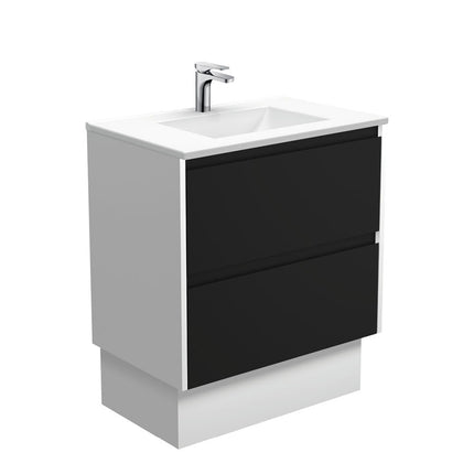 Fienza Amato Satin Black 750 Cabinet on Kickboard, Solid Panels, Bevelled Edge , With Moulded Basin-Top - Vanessa Poly-Marble Satin White Panels
