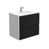 Fienza Amato Satin Black 750 Wall Hung Cabinet, Solid Panels, Bevelled Edge , With Moulded Basin-Top - Vanessa Poly-Marble Satin White Panels