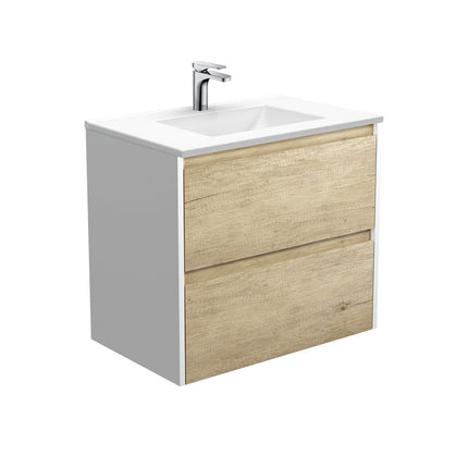 Fienza Amato Scandi Oak 750 Wall Hung Cabinet, Solid Panels, Bevelled Edge , With Moulded Basin-Top - Vanessa Poly-Marble Satin White Panels
