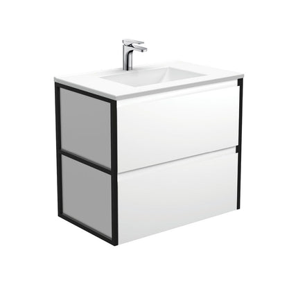 Fienza Amato Satin White 750 Wall Hung Cabinet, Solid Panels, Bevelled Edge , With Moulded Basin-Top - Vanessa Poly-Marble Matte Black Frames
