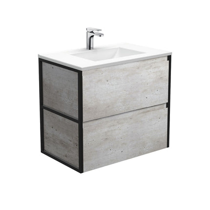 Fienza Amato Industrial 750 Wall Hung Cabinet, Solid Panels, Bevelled Edge , With Moulded Basin-Top - Vanessa Poly-Marble Matte Black Frames