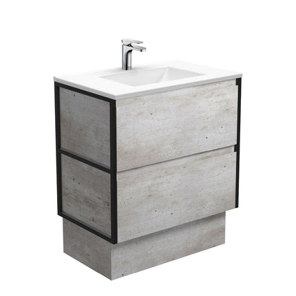 Fienza Amato Industrial 750 Cabinet on Kickboard, Solid Panels, Bevelled Edge , With Moulded Basin-Top - Vanessa Poly-Marble Matte Black Frames