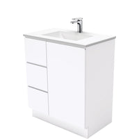 Fienza Fingerpull Gloss White 750 Cabinet on Kickboard, Solid Door , With Moulded Basin-Top - Vanessa Poly-Marble Left Hand Drawer