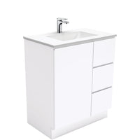 Fienza Fingerpull Gloss White 750 Cabinet on Kickboard, Solid Door , With Moulded Basin-Top - Vanessa Poly-Marble Right Hand Drawer