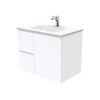 Fienza Fingerpull Gloss White 750 Wall Hung Cabinet, Solid Door , With Moulded Basin-Top - Vanessa Poly-Marble Left Hand Drawer