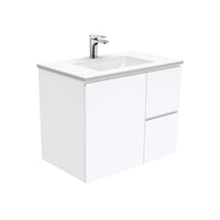 Fienza Fingerpull Gloss White 750 Wall Hung Cabinet, Solid Door , With Moulded Basin-Top - Vanessa Poly-Marble Right Hand Drawer