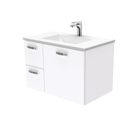 Fienza UniCab Gloss White 750 Wall Hung Cabinet, Solid Door , With Moulded Basin-Top - Vanessa Poly-Marble Left Hand Drawer