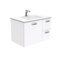 Fienza UniCab Gloss White 750 Wall Hung Cabinet, Solid Door , With Moulded Basin-Top - Vanessa Poly-Marble Right Hand Drawer