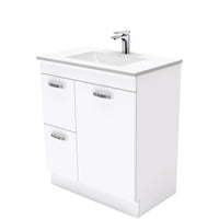 Fienza UniCab Gloss White 750 Cabinet on Kickboard , With Moulded Basin-Top - Vanessa Poly-Marble Left Hand Drawer