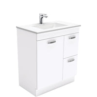 Fienza UniCab Gloss White 750 Cabinet on Kickboard , With Moulded Basin-Top - Vanessa Poly-Marble Right Hand Drawer