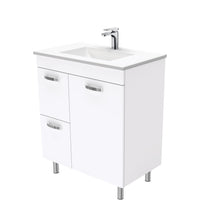 Fienza UniCab 750 Gloss White Cabinet on Legs, Left Hand Drawers, Solid Doors , With Moulded Basin-Top - Vanessa Poly-Marble