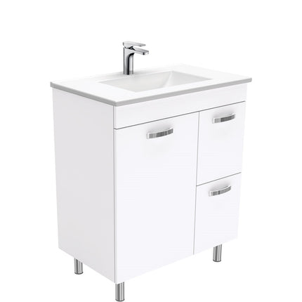 Fienza UniCab 750 Gloss White Cabinet on Legs, Right Hand Drawers, Solid Doors , With Moulded Basin-Top - Vanessa Poly-Marble