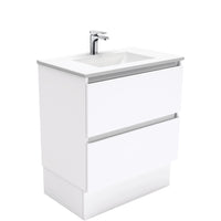Fienza Quest Gloss White 750 Cabinet on Kickboard, 2 Solid Drawers , With Moulded Basin-Top - Vanessa Poly-Marble