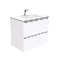 Fienza Quest Gloss White 750 Wall Hung Cabinet, 2 Solid Drawers , With Moulded Basin-Top - Vanessa Poly-Marble