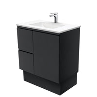 Fienza Fingerpull Satin Black 750 Cabinet on Kickboard , With Moulded Basin-Top - Vanessa Poly-Marble Left Hand Drawer